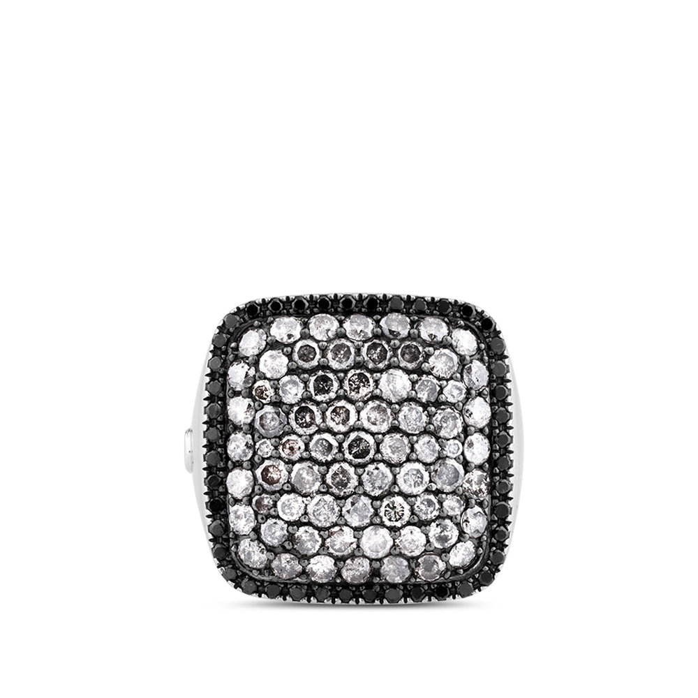 Sortija de oro blanco cuadrada con diamantes ice y negros