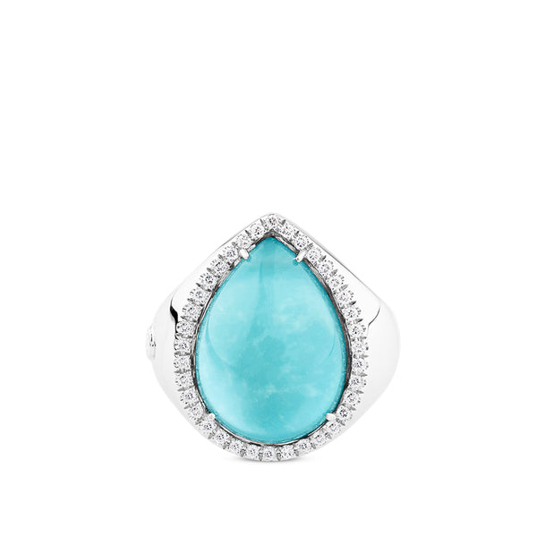 Sortija de oro blanco con doblete de turquesa y nacar talla marquise y pavé de diamantes