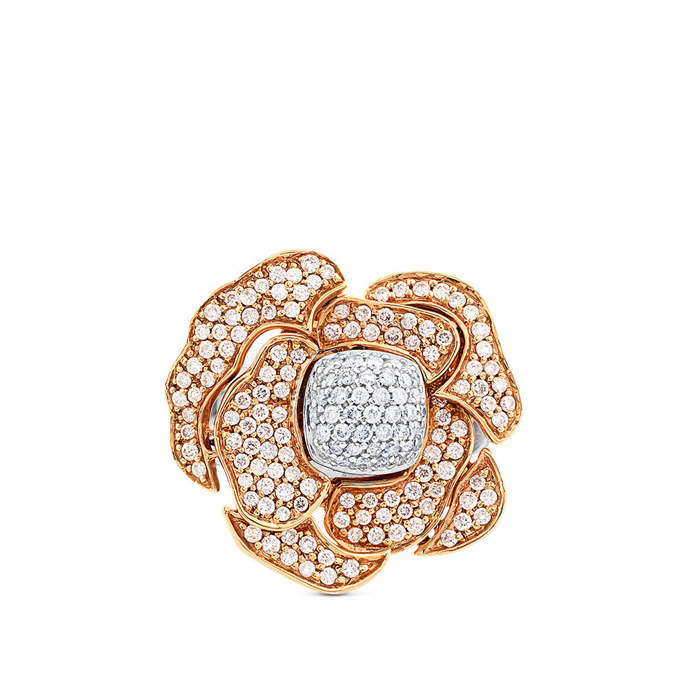 Sortija de oro blanco con flor de oro rosa y pavé de diamantes