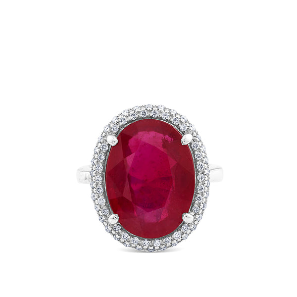 Sortija "Royal Trilogy" de oro blanco con rubí central y orla de pavé de diamantes