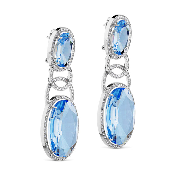 Pendientes largos de oro blanco con circulos de diamantes y cuarzo azul