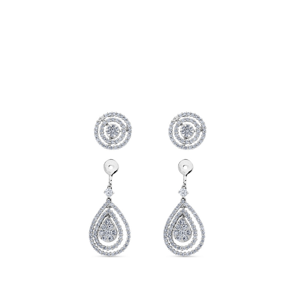 Pendientes largos de oro blanco desmontables con gotas superpuestas de diamantes