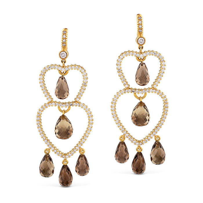 Pendientes largos de oro rosa con corazones de pavé de diamantes y cuarzos fumé talla briolet