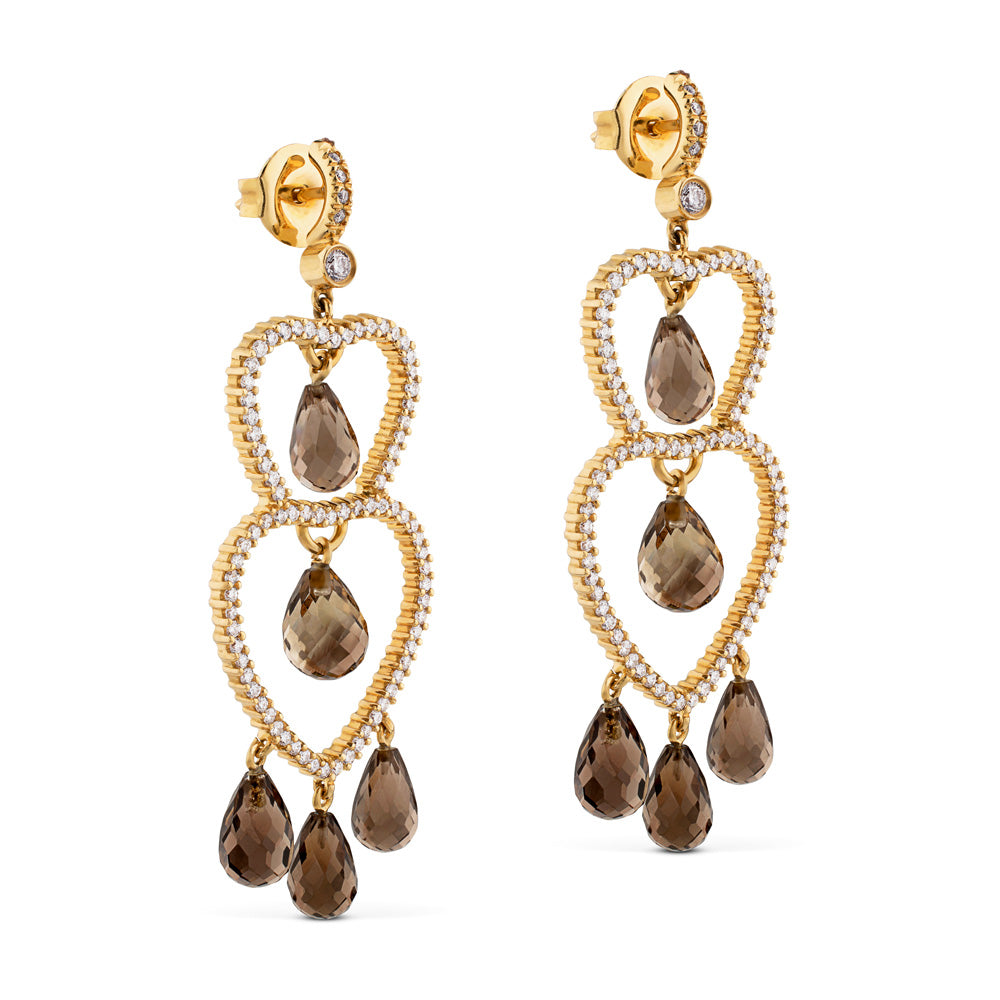 Pendientes largos de oro rosa con corazones de pavé de diamantes y cuarzos fumé talla briolet