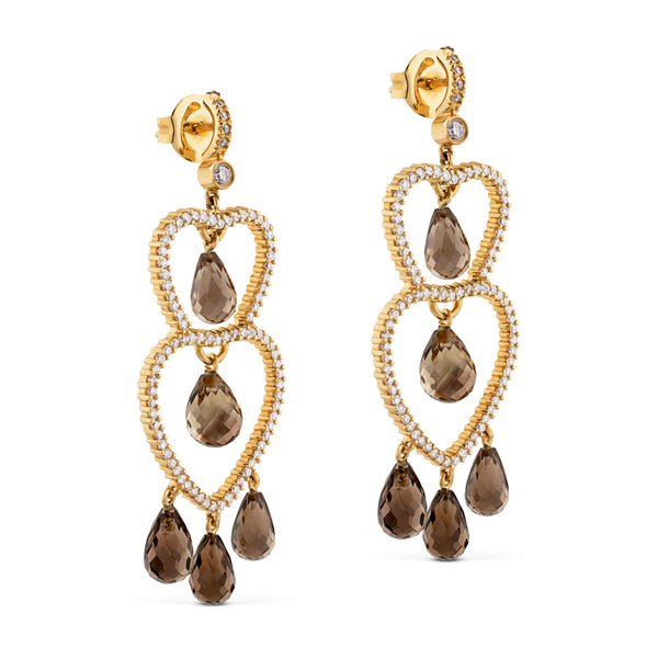 Pendientes largos de oro rosa con corazones de pavé de diamantes y cuarzos fumé talla briolet
