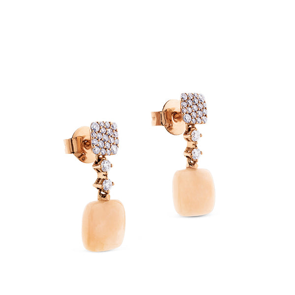 Pendientes largos de oro rosa con diamantes y ópalo rosa