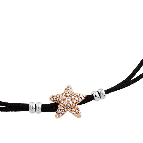 Pulsera de oro rosa y cordón negro  con estrella de pavé de diamantes