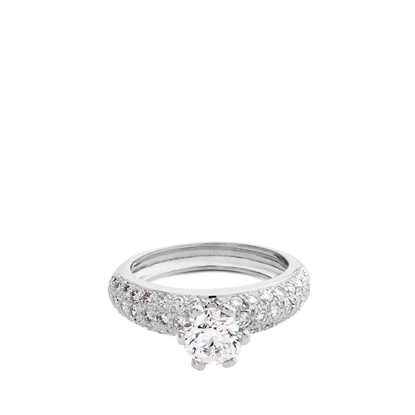 Solitario de oro blanco con 6 garras y pavé de diamantes laterales