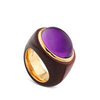 Sortija de madera burdeos y oro rosa con amatista