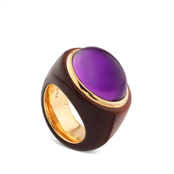 Sortija de madera burdeos y oro rosa con amatista