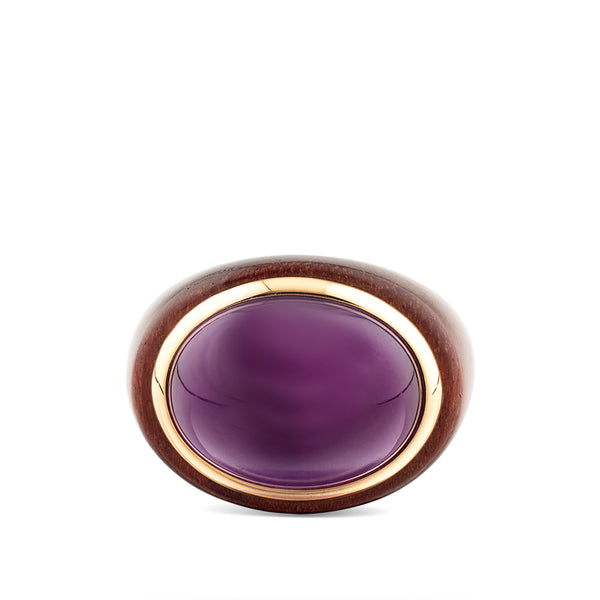 Sortija de madera burdeos y oro rosa con amatista