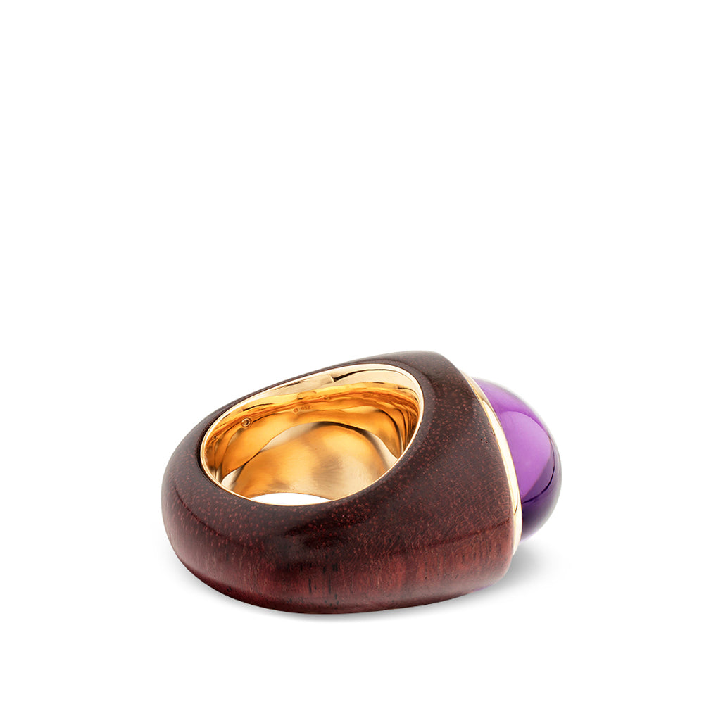 Sortija de madera burdeos y oro rosa con amatista