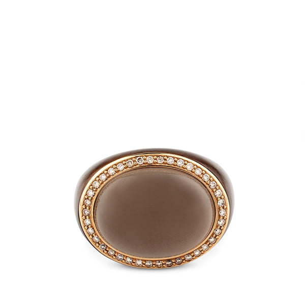 Sortija de madera marrón oscuro y oro rosa con cuarzo fumé y orla de diamantes