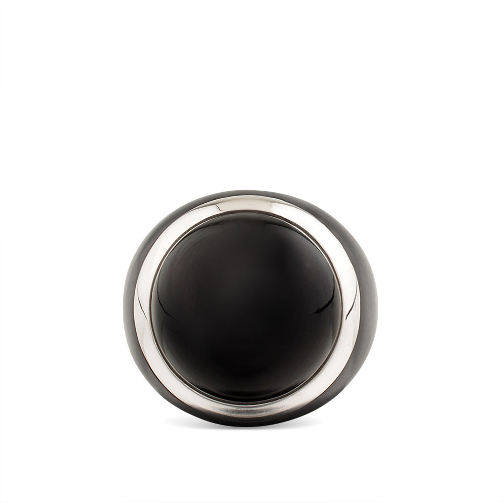 Sortija de madera negra y oro blanco con piedra de luna gris