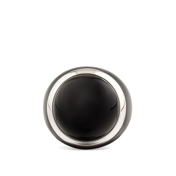 Sortija de madera negra y oro blanco con piedra de luna gris