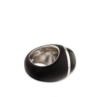 Sortija de madera negra y oro blanco con piedra de luna gris