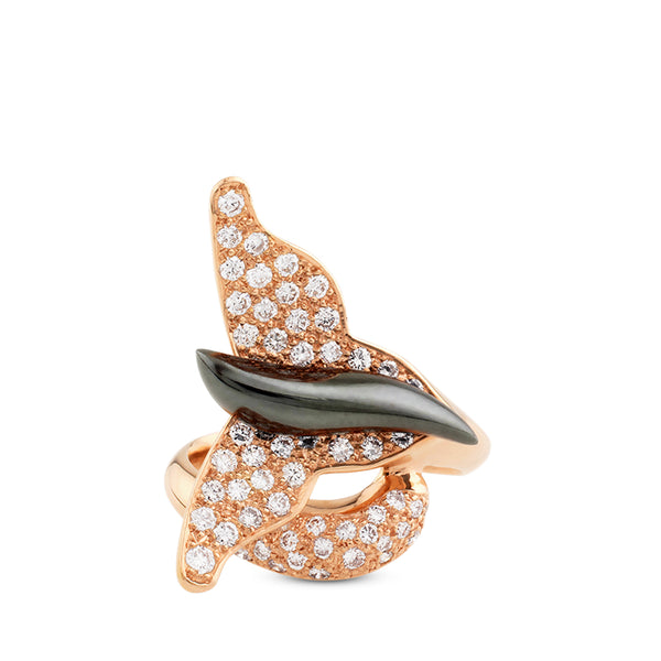 Sortija Mariposa de oro rosa con diamantes y hematite