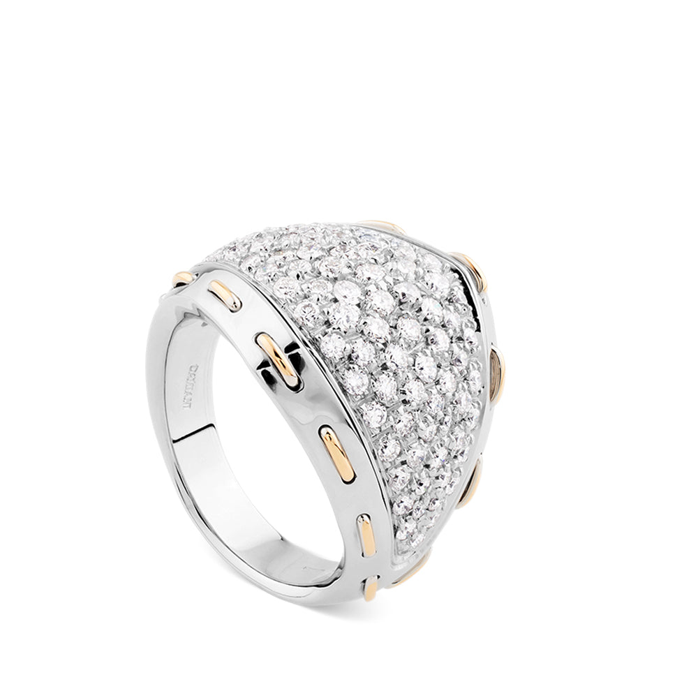 Sortija de oro blanco con pavé de  diamantes y pespuntes de oro rosa