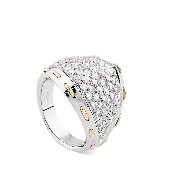 Sortija de oro blanco con pavé de  diamantes y pespuntes de oro rosa