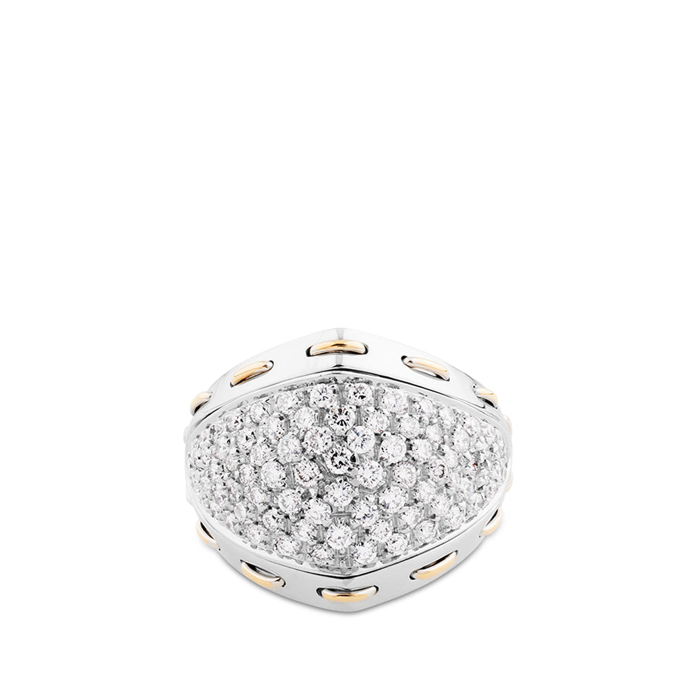 Sortija de oro blanco con pavé de  diamantes y pespuntes de oro rosa