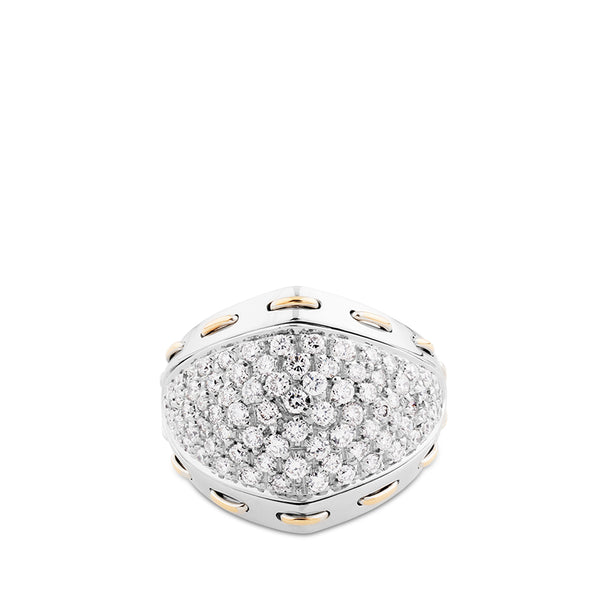 Sortija de oro blanco con pavé de  diamantes y pespuntes de oro rosa