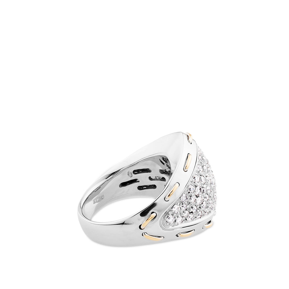 Sortija de oro blanco con pavé de  diamantes y pespuntes de oro rosa