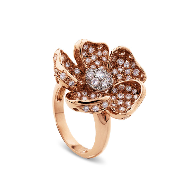 Sortija de oro rosa con flor full pavé de diamantes