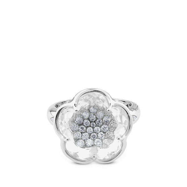 Sortija de oro blanco linea Bon Ton de Pasquale Bruni con cuarzo blanco y laterales con pavé de diamantes