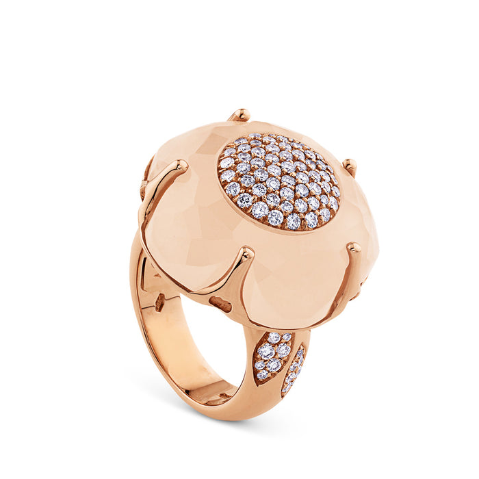 Sortija Bon ton de oro rosa con cuarzo lechoso y pavé de diamantes