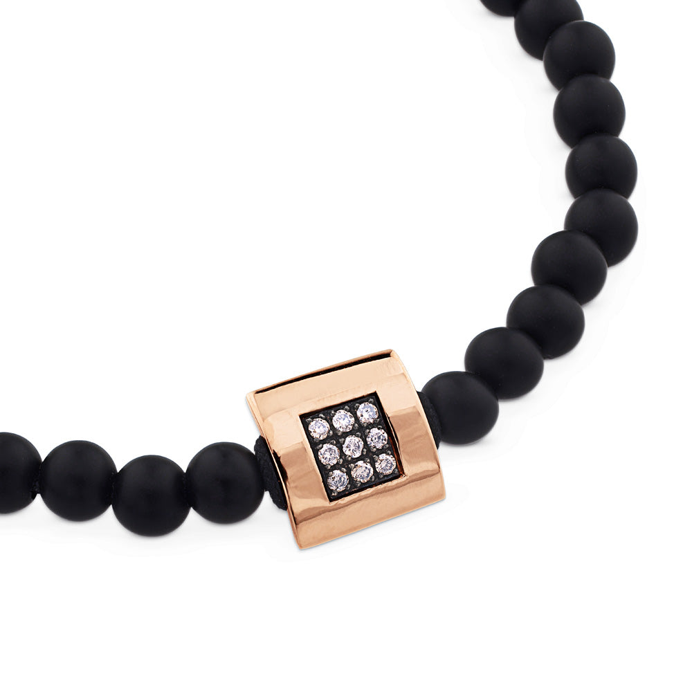 Pulsera de bolas de onix con cuadrado de oro rosa y diamantes brown