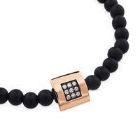 Pulsera de bolas de onix con cuadrado de oro rosa y diamantes brown