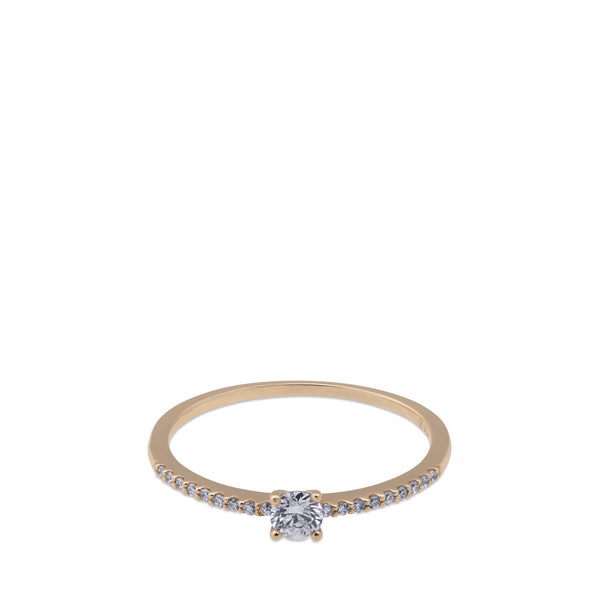 Solitario "Isabella" de oro rosa con diamante talla brillante y diamantes en garra