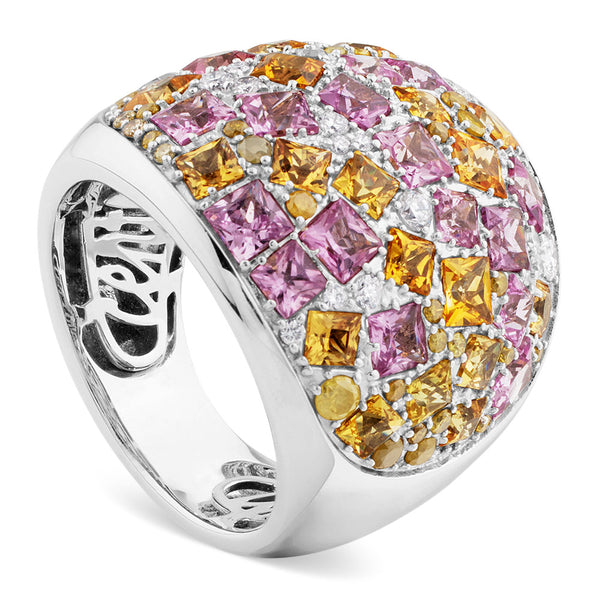 Sortija ancha de oro blanco con diamantes ice, zafiros rosas y zafiros amarillos
