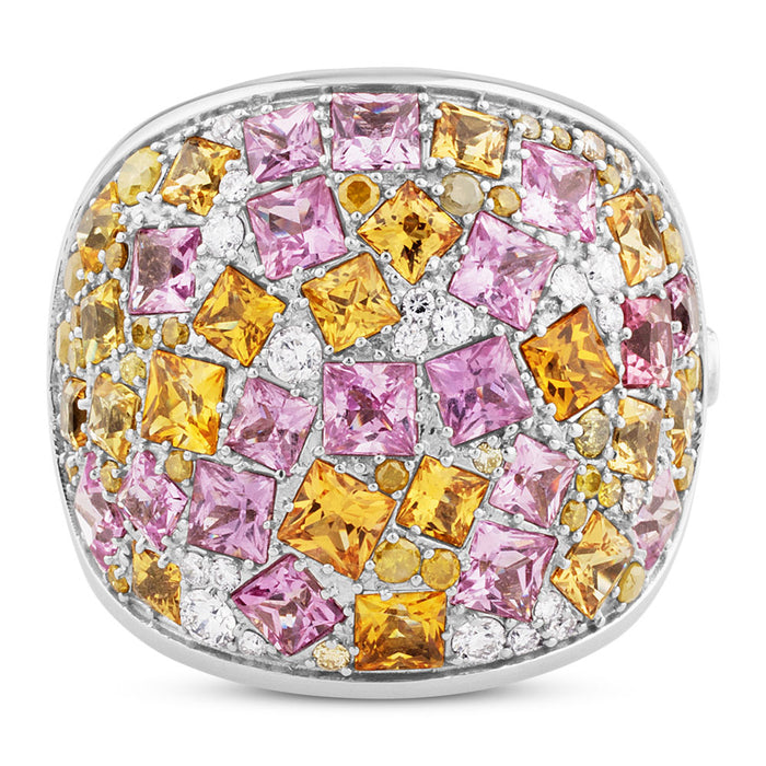 Sortija ancha de oro blanco con diamantes ice, zafiros rosas y zafiros amarillos