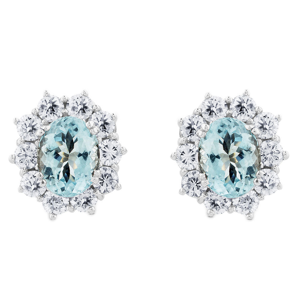 Pendientes de oro blanco con aguamarina y orla de 20 diamantes