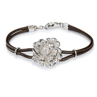 Pulsera-flor-oro-blanco-diamantes-cuero-marron - Ref J3815PLB