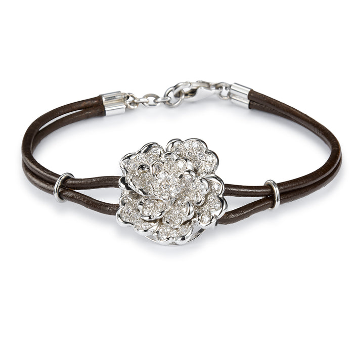 Pulsera-flor-oro-blanco-diamantes-cuero-marron - Ref J3815PLB