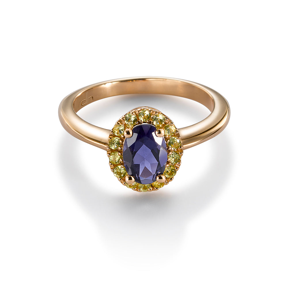 Sortija "Caramelo" de oro rosa con amatista oval y orla de citrinos