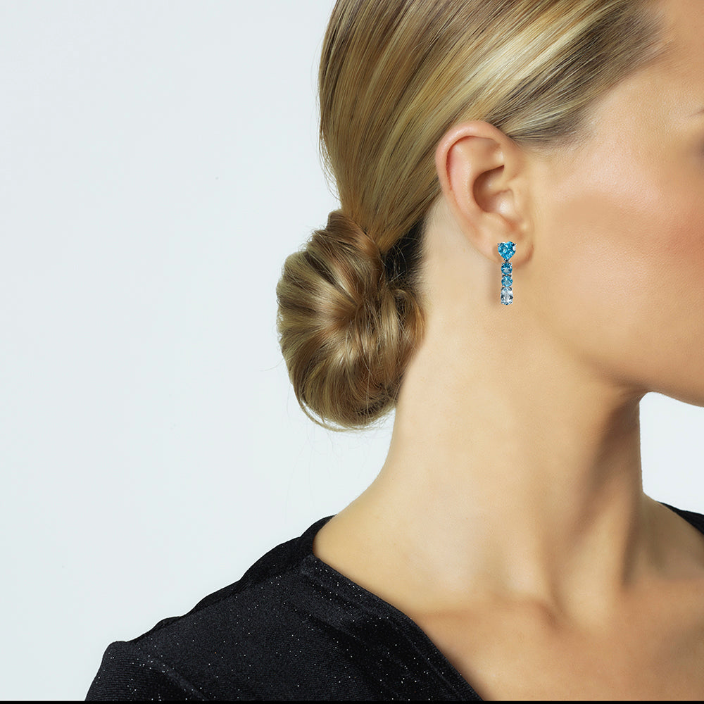 Pendientes largos de oro blanco con topacio azul y aguamarina