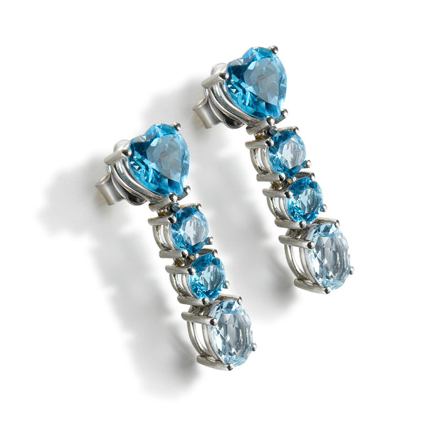 Pendientes largos de oro blanco con topacio azul y aguamarina