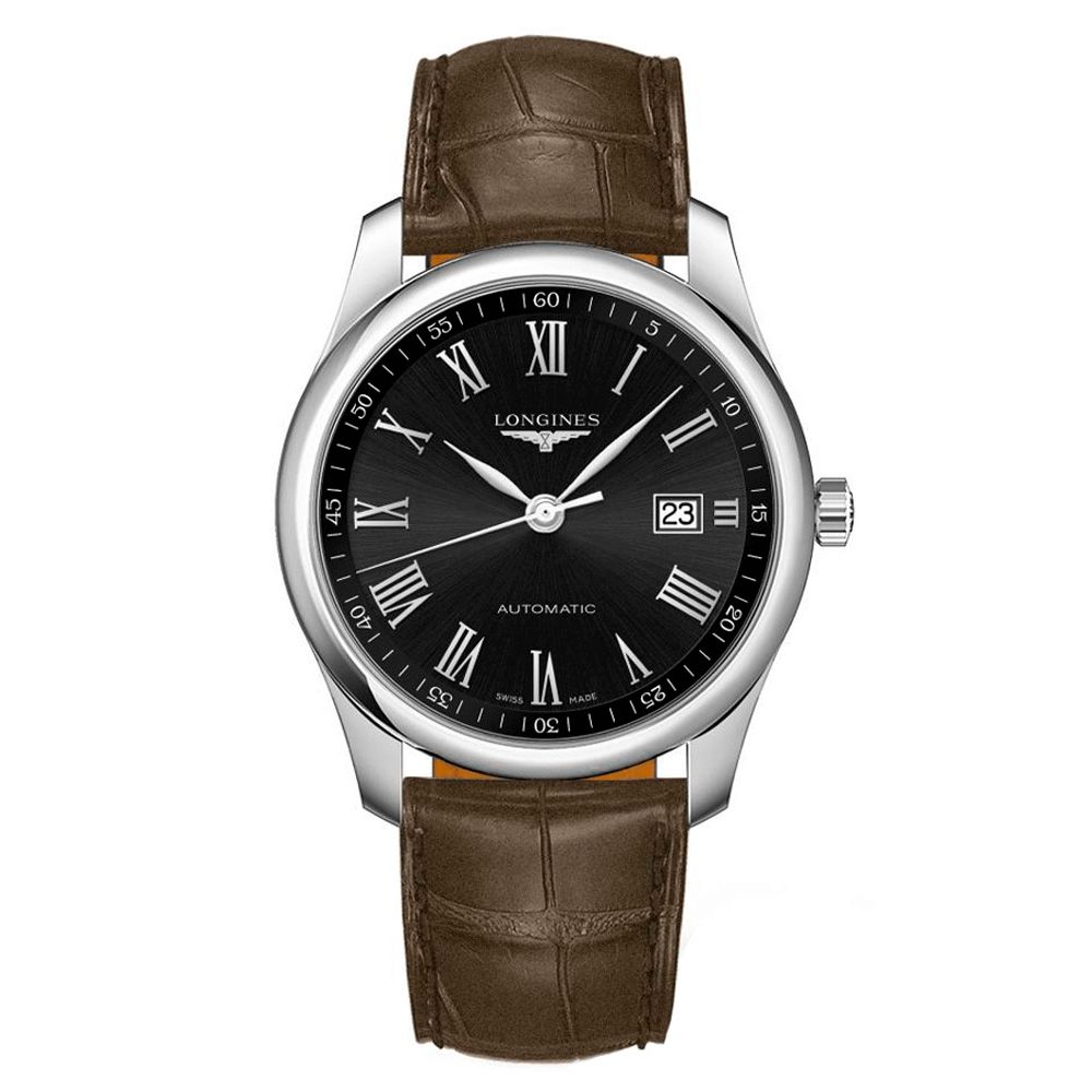 reloj_Longines_Master Collection_acero_piel_esfera_negra_chocron_joyeros_distribuidor_oficial