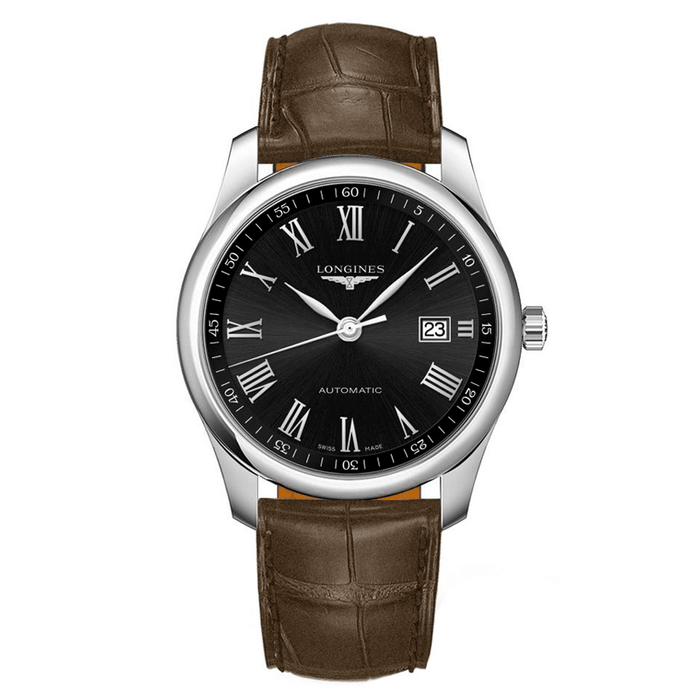 reloj_Longines_Master Collection_acero_piel_esfera_negra_chocron_joyeros_distribuidor_oficial