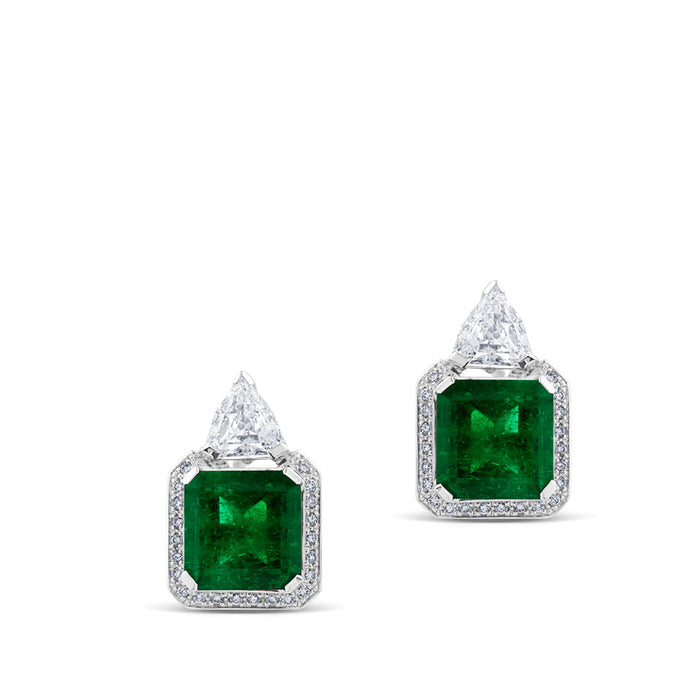 Pendientes cuadrados "Colección Privada" de oro blanco con diamantes y esmeralda