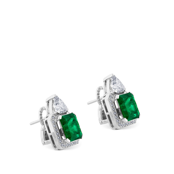 Pendientes cuadrados "Colección Privada" de oro blanco con diamantes y esmeralda