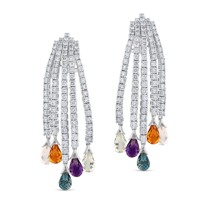 Pendientes largos "Colección Privada" de oro blanco con diamantes y perillas de colores