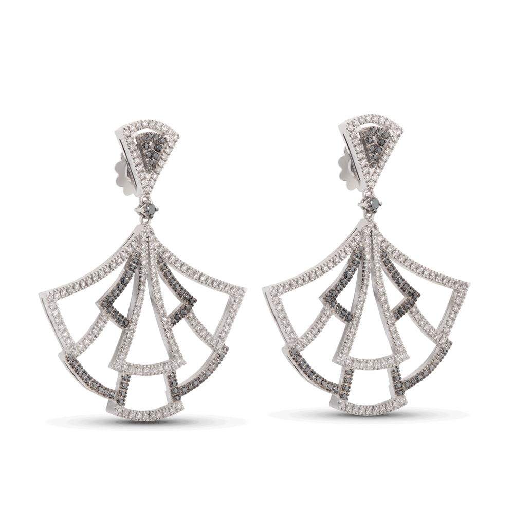 Pendientes-oro-blanco-abanico-diamantes-blancos-negros - Ref J4861PB