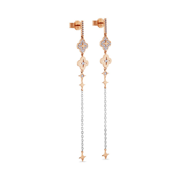 Pendientes "Pensamiento" extralargos con cadena de oro blanco y diamantes