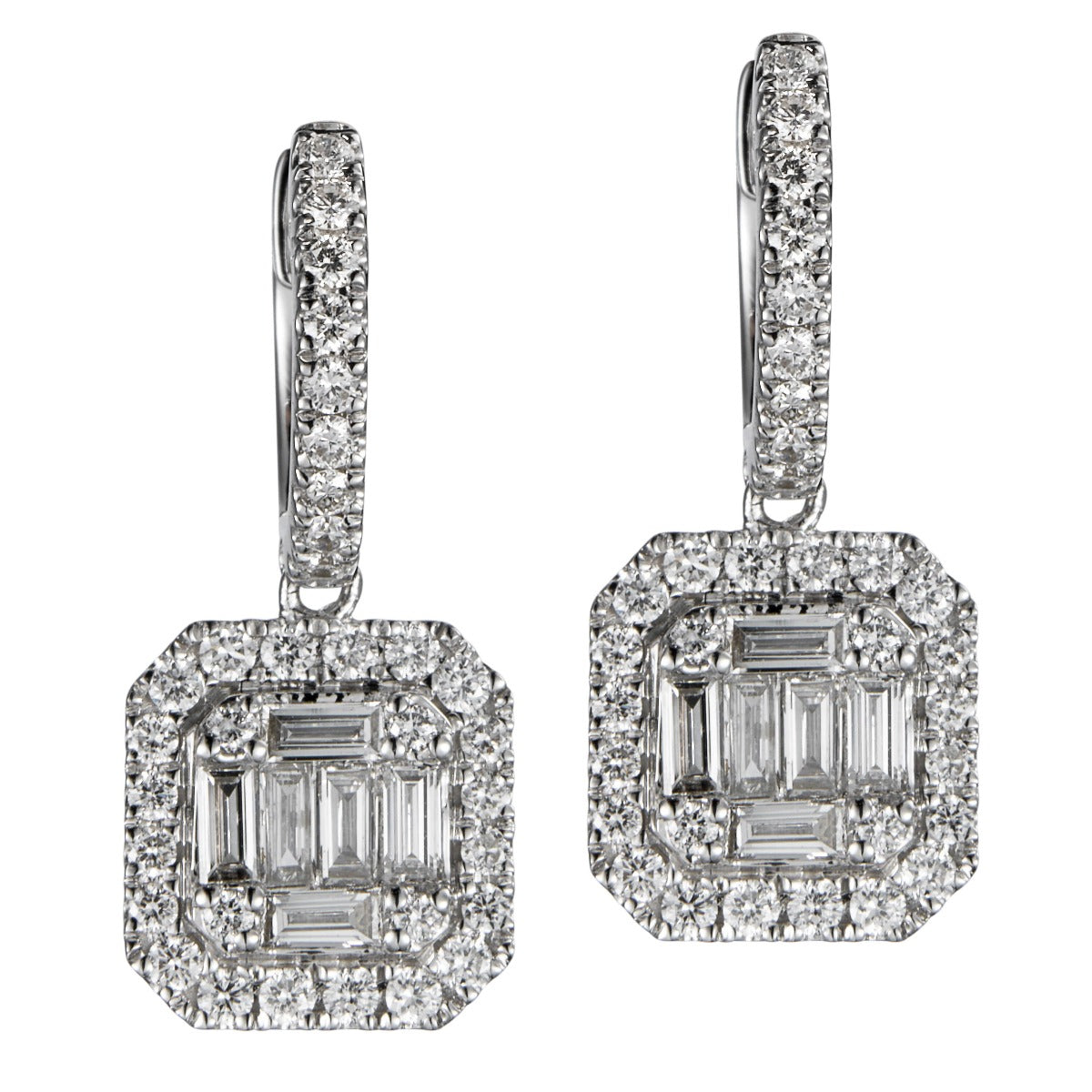 Pendientes-oro-blanco-aro-diamantes-brillantes-baguettes - Ref J5448PB_Chocrón Joyeros