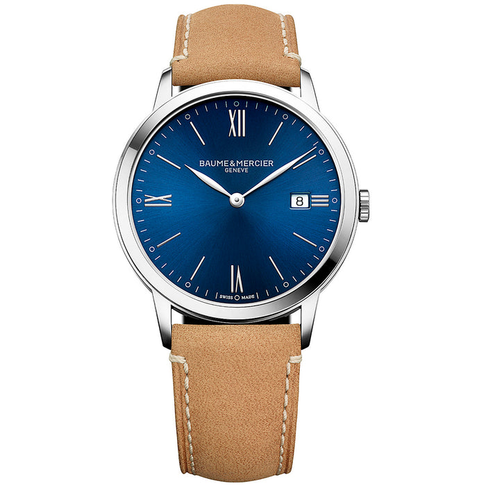 Baume et Mercier Classima esfera azul, 40mm, piel de becerro marrón