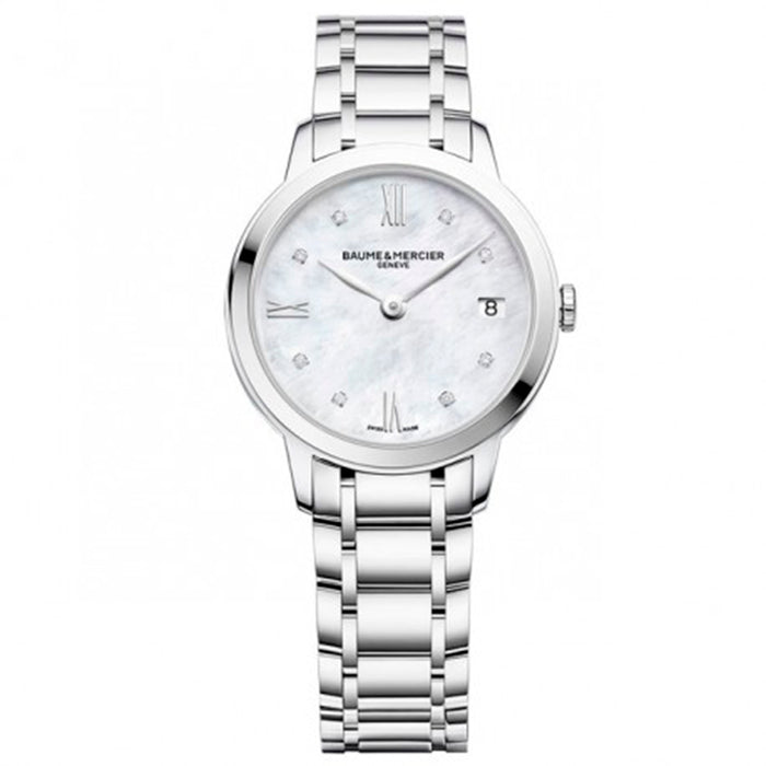 Baume et Mercier de acero en 31mm, horas, minutos, calendario y 8 brillantes